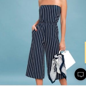 Lulus Strapless Navy Striped Midi Jumpsuit Size XS